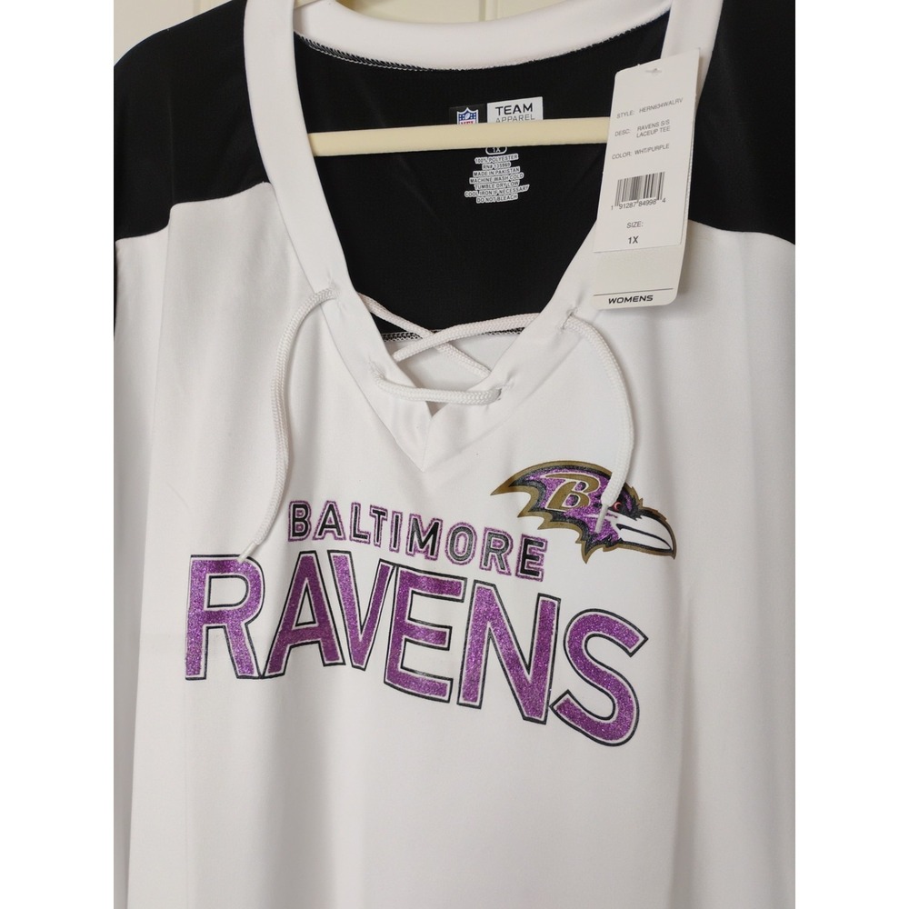 NFL Team Apparel Baltimore Ravens NFL Shirt 1X White Purple Women Sparkle V Neck - Picture 2 of 9